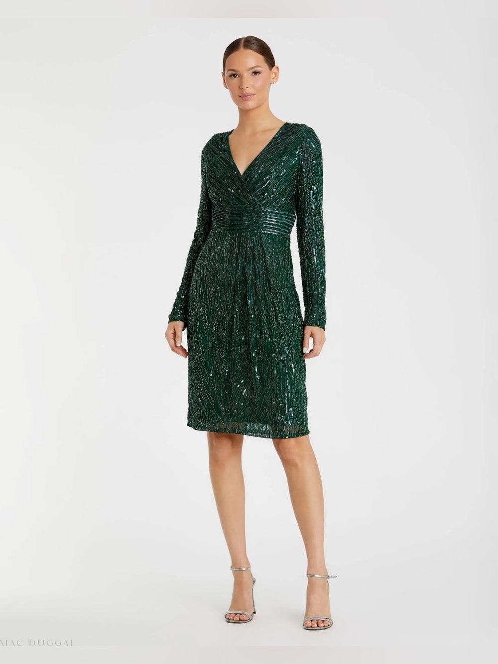 Mac Duggal Emerald Green Long Sleeve Sequin Cocktail Dress Size 2 4632